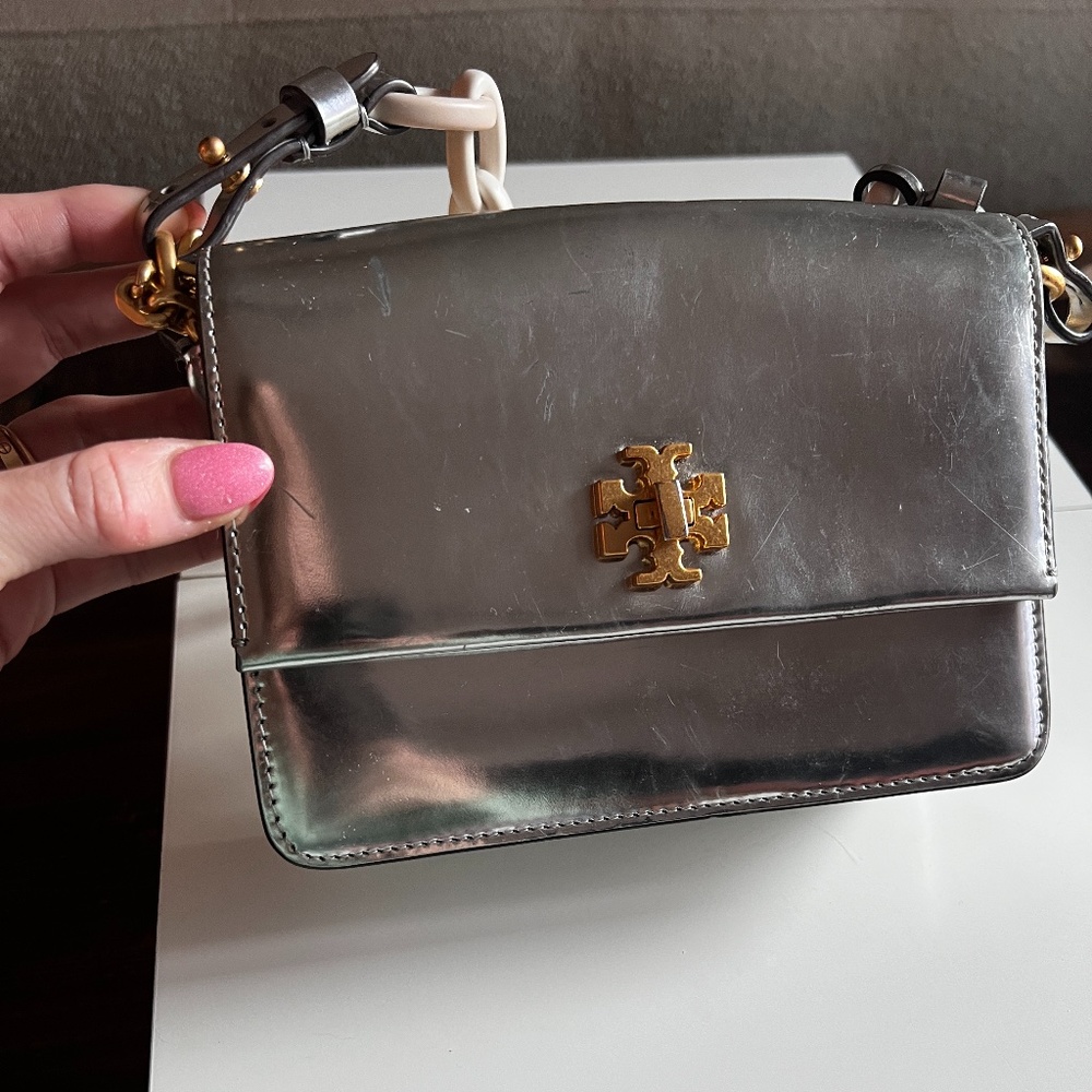 Tory Burch Metallic Silver Crossbody Shoulder Bag with Gold Logo